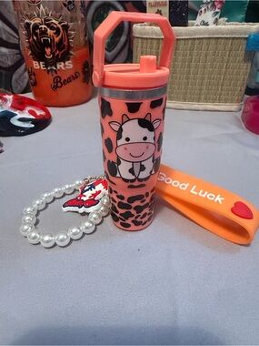 Orange Cow Print Novelty Mini “Stanley” Tumbler Keychain with Pearl Strap